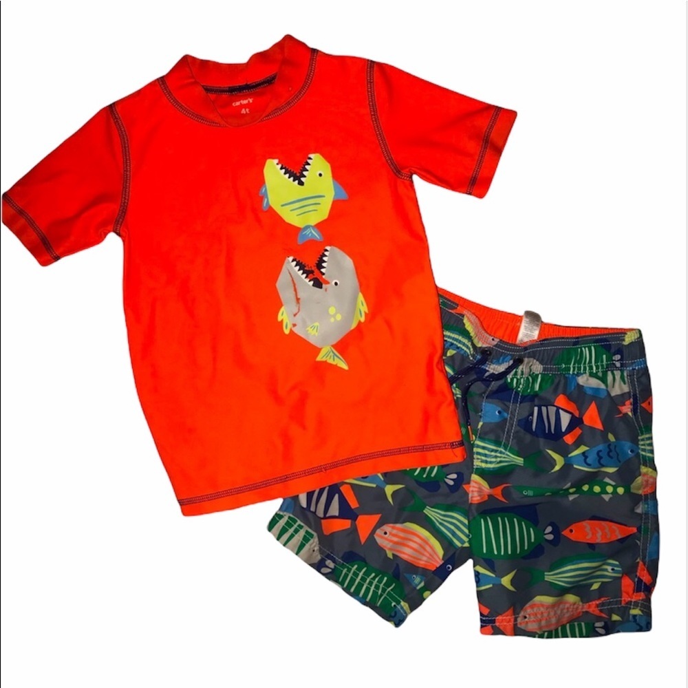 4T fish neon orange rash guard and swim trunks